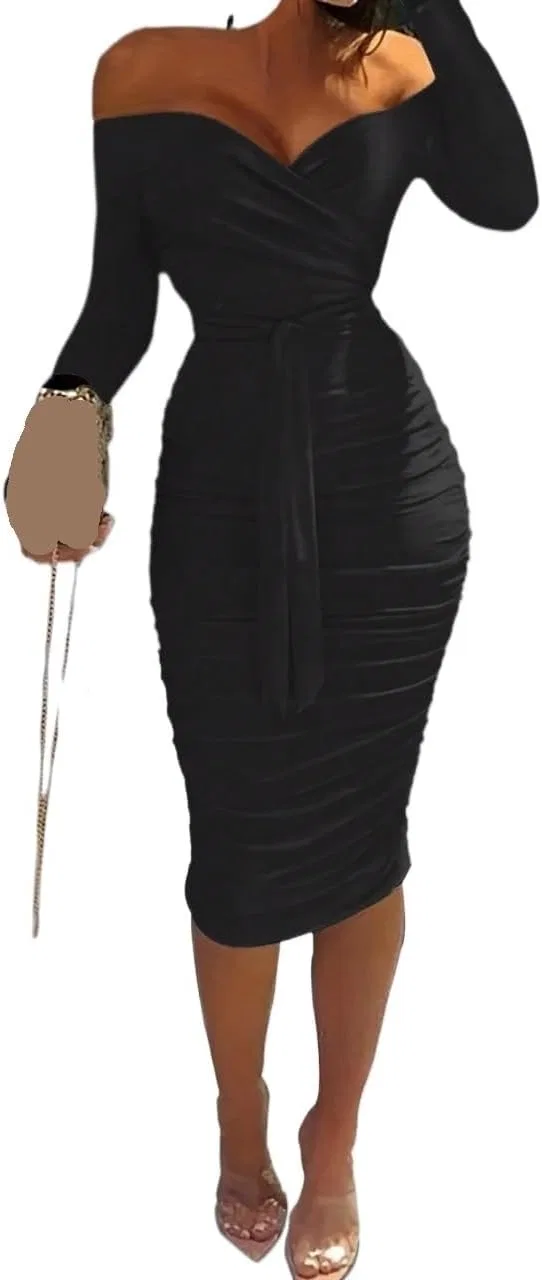 Женское облегающее платье миди с длинным рукавом Bodycon, Black