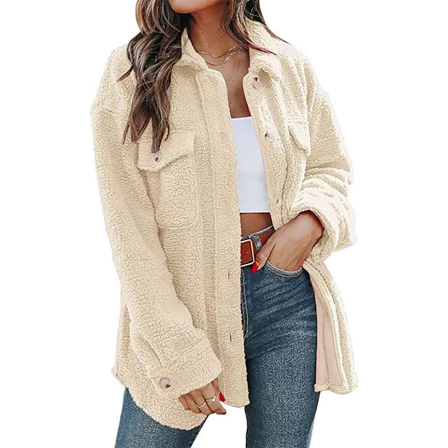 Женское утепленное пальто с принтом, модель Giacca in pile da donna taglie forti, Beige — фото 3