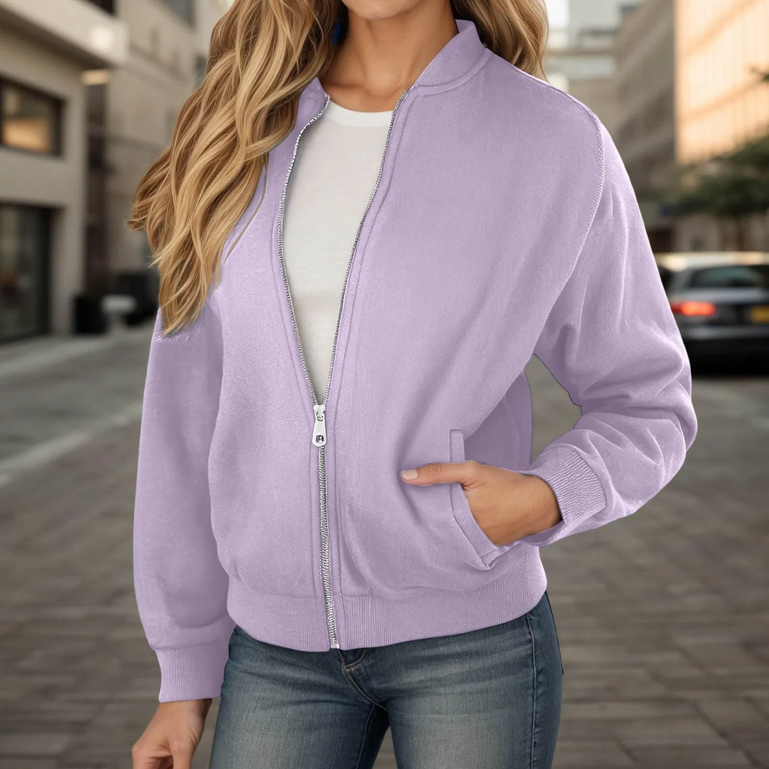 Женское пальто с длинным рукавом, однотонное, легкое, спортивное, Light Viola — фото 2