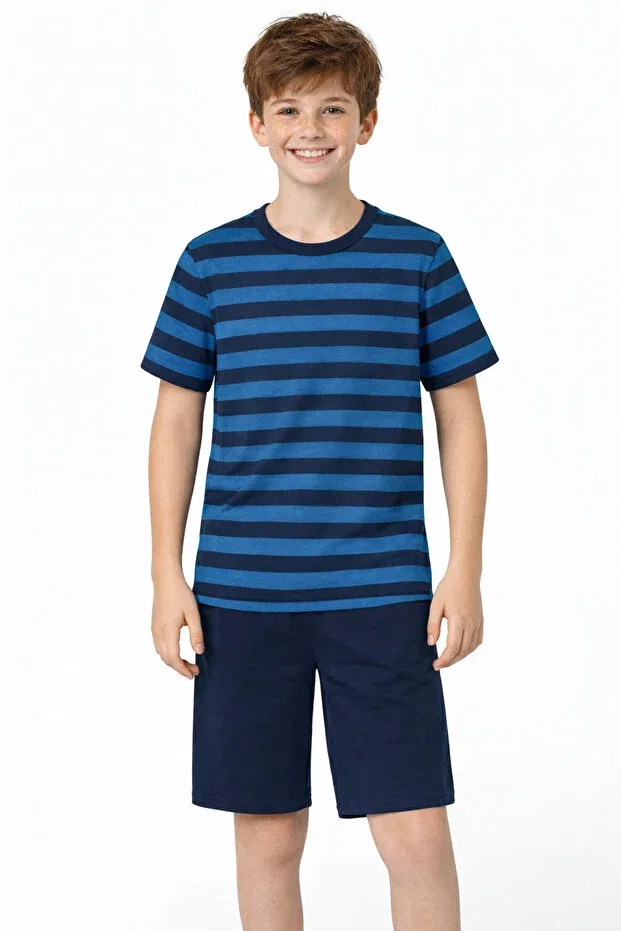 Детские хлопковое пижамное шорт-сет для мальчиков Boy's navy blue striped waiter boy organic cotton shorts pajama set Cirilo, Navy Blue