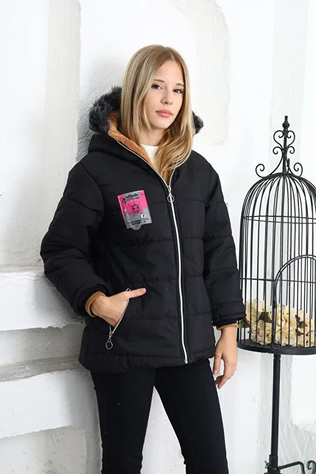 Детское зимнее пальто для девочек с капюшоном Asortix, Black — фото 3
