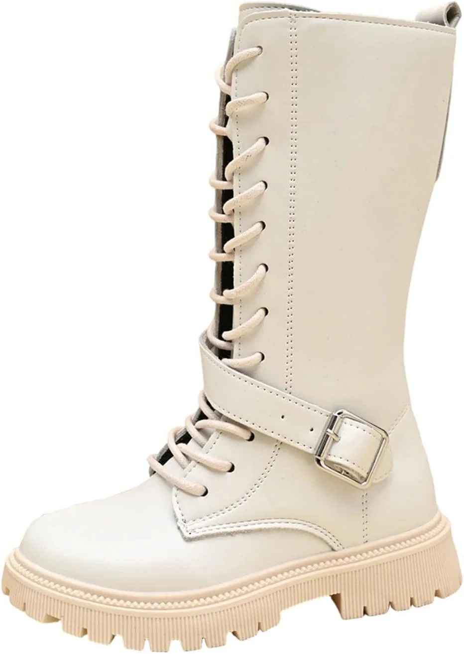 Детские ботинки для девочек на шнуровке с ремешком на пряжке Combat Boots Kids Knee High Lace Up Buckle Strap Riding Booties, White