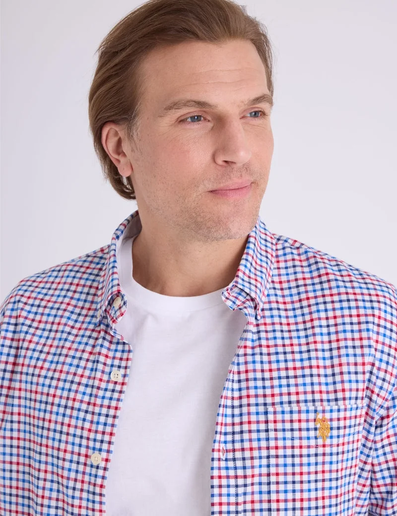 Мужская рубашка U.S. Polo Assn. Long Sleeve Plaid Stretch Slub Poplin, красный/белый/темно-синий — фото 4