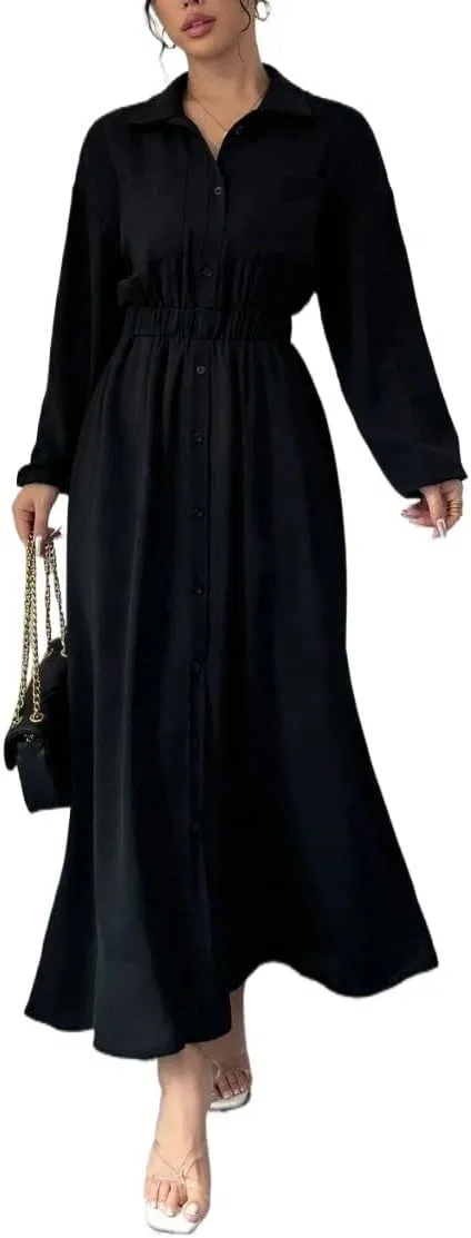 Женское повседневное платье-рубашка Casual Long Sleeve Fall Shirt Dress Spring Solid Color Single-Breasted Long Dresses Maxi Outfits Clothes, Black
