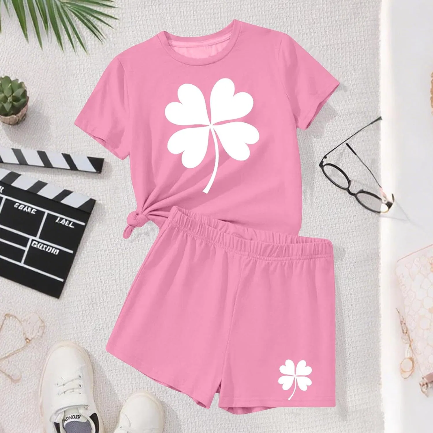 Детский спортивный костюм с шортами и футболкой Shamrock, Zzalalana, Pink — фото 3