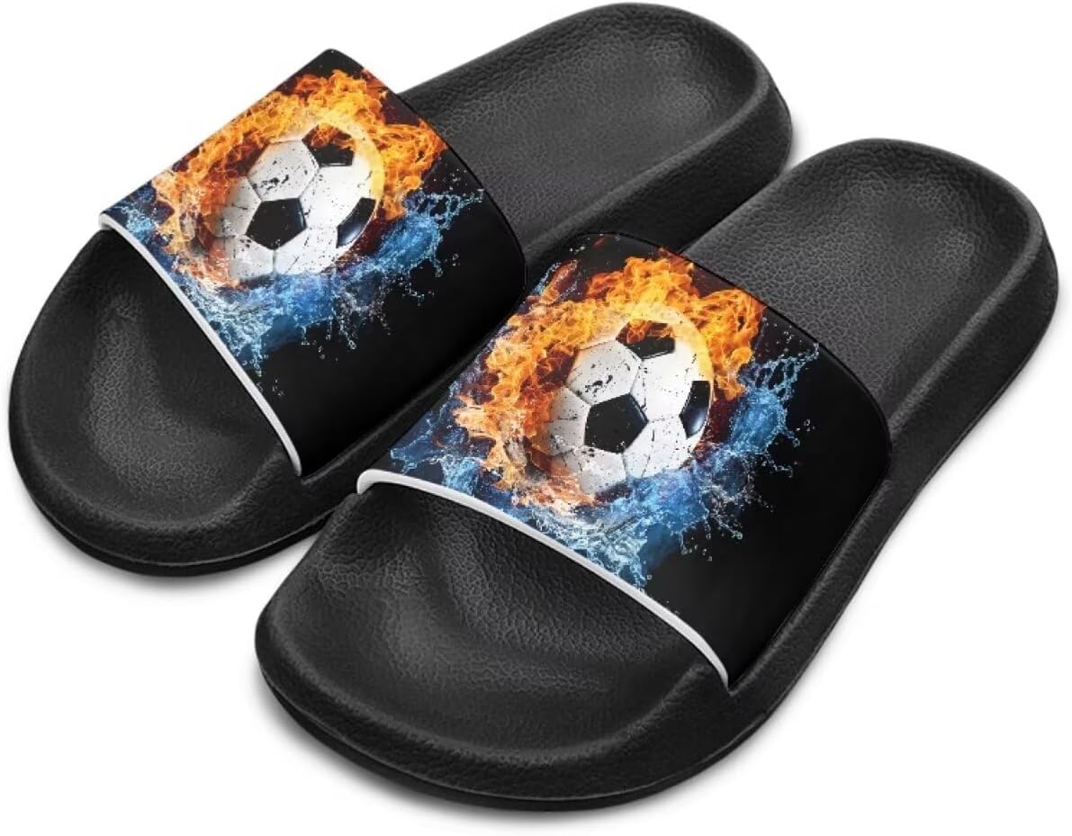 

Детские шлепанцы для мальчиков и девочек, летние тапочки, для улицы, пляжа, бассейна, душа, спорта, подарок (младший/старший ребенок) Cugasmaru, Soccer Fire