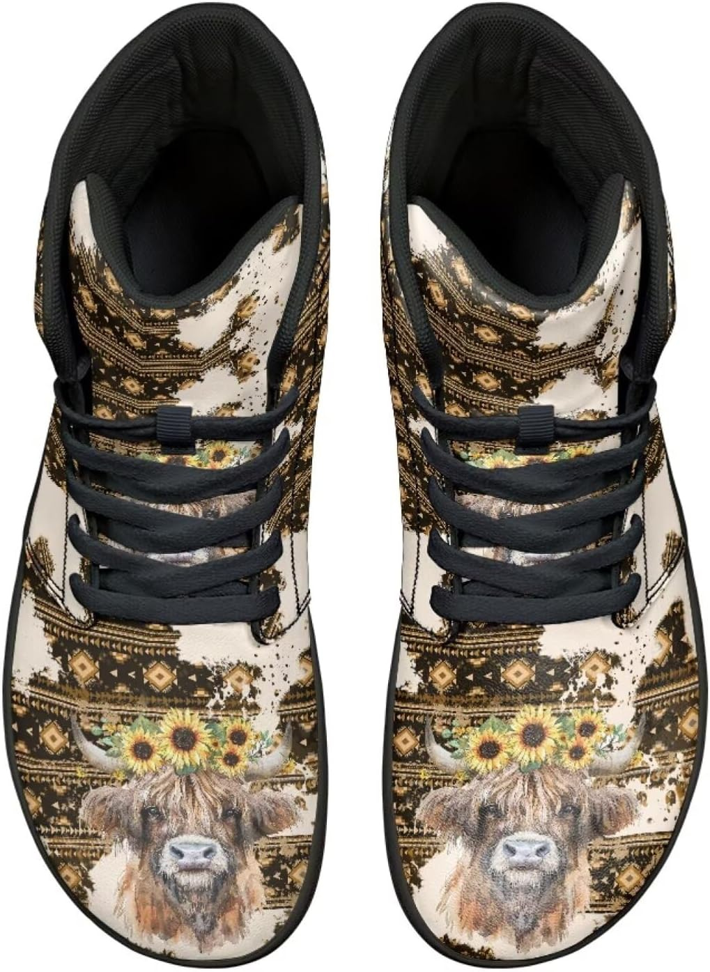 

Мужские минималистичные кроссовки Jeiento для ходьбы, походная обувь, обувь из искусственной кожи с нулевым перепадом высоты подошвы, Western Highland Cow Sunflowers