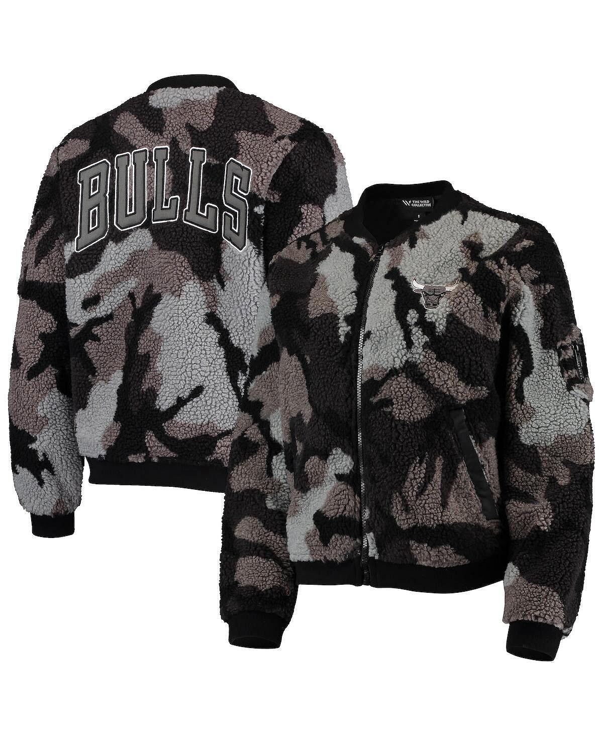 

Черная женская куртка-бомбер с молнией во всю длину из шерпы Chicago Bulls Camo The Wild Collective, черный