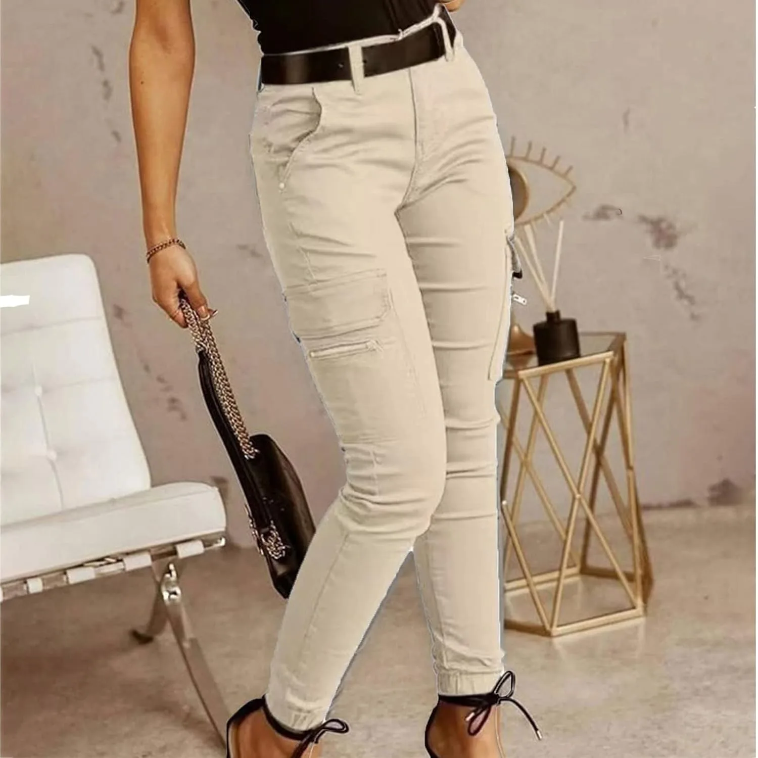 Женские брюки Mid Waist Skinny Casual Jogger Motorcycle Cargo с зауженным кроем, эластичные, с клапанами на карманах Generic, хаки — фото 2