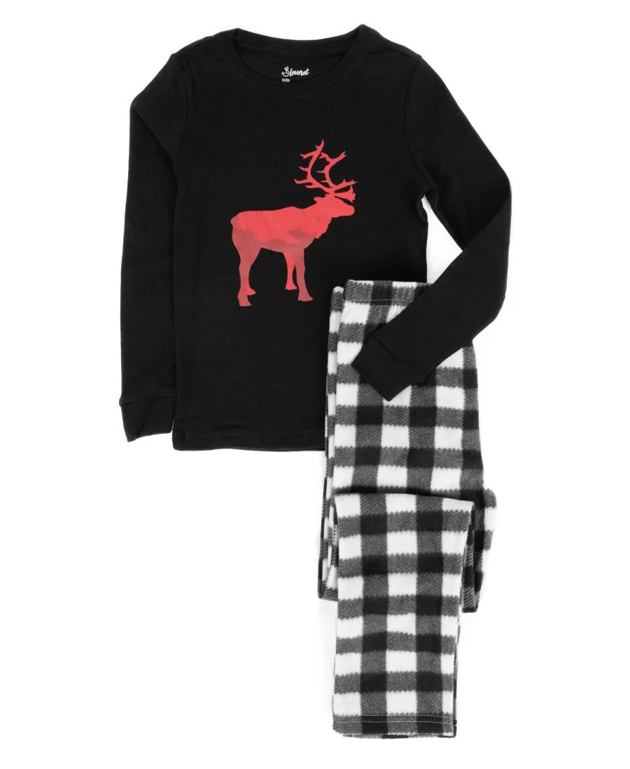 Комплект пижам с хлопковым топом и флисовыми штанами, с принтом Reindeer Leveret, Reindeer Black & White Plaid
