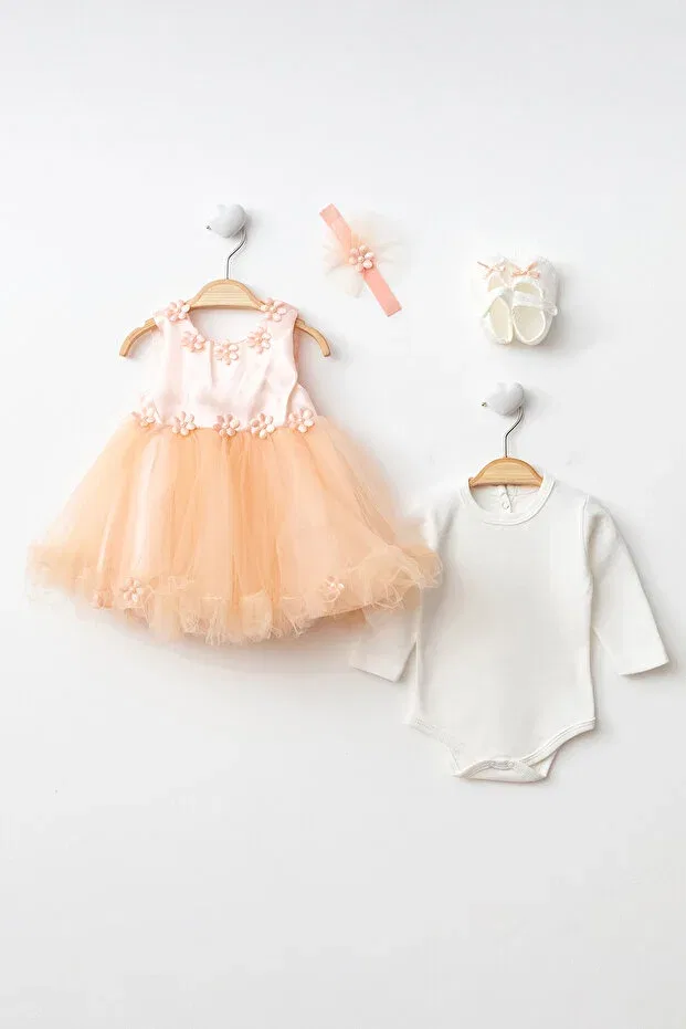 Детское платье для девочек тюлевое с принтом Ponpon baby girl newborn tulle floral mevlüt dress special occasion outfit 4 pieces Harry&Millie, Powder — фото 2
