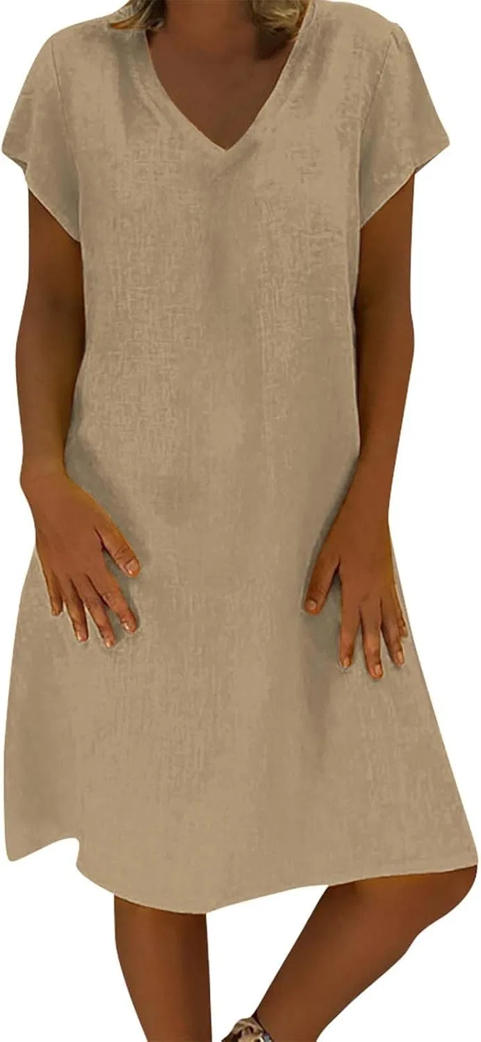 Женское платье миди V-образным вырезом Cotton Linen, Khaki