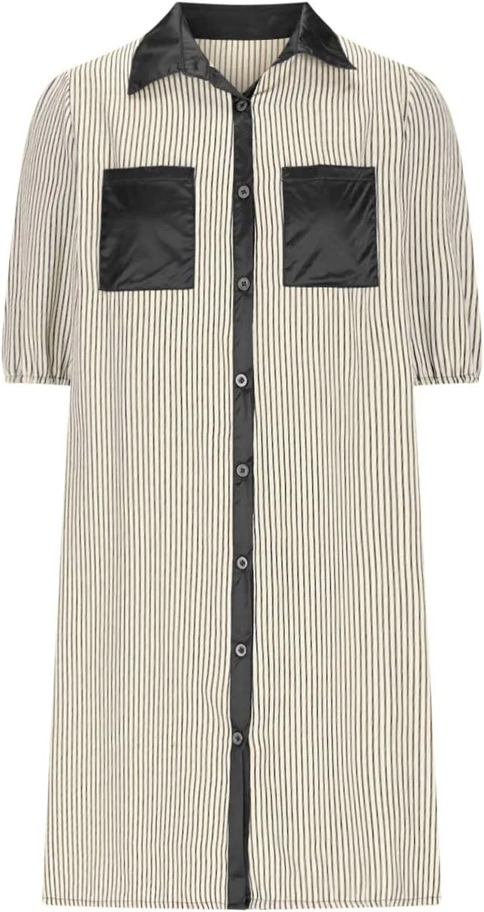 Женское платье-рубашка с воланами, полосатое, свободное, с карманом, Black — фото 3