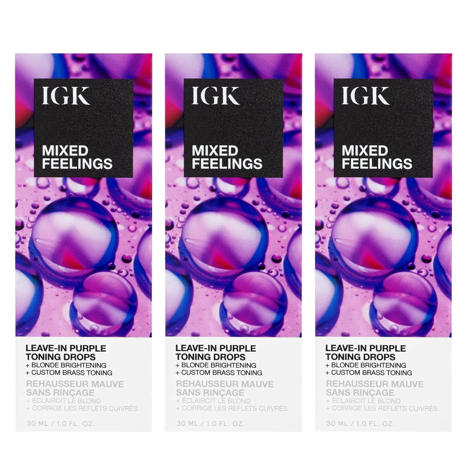 IGK Mixed Feelings Leave-In Blonde Toning Drops, набор 3 шт - настраиваемый фиолетовый пигмент для нейтрализации желтизны на блонде, седине и фиолетовых волосах, без сульфатов и парабенов