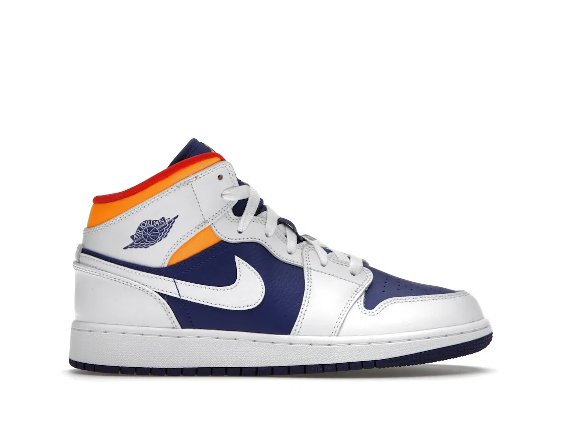 Детские кроссовки для мальчиков с высоким берцем Jordan 1 Mid Jordan, White/Laser Orange-Deep Royal Blue