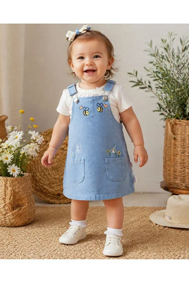 Детский комбинезон с принтом Bee Flower Embroidered Pocket Detailed Denim Baby Buu, White