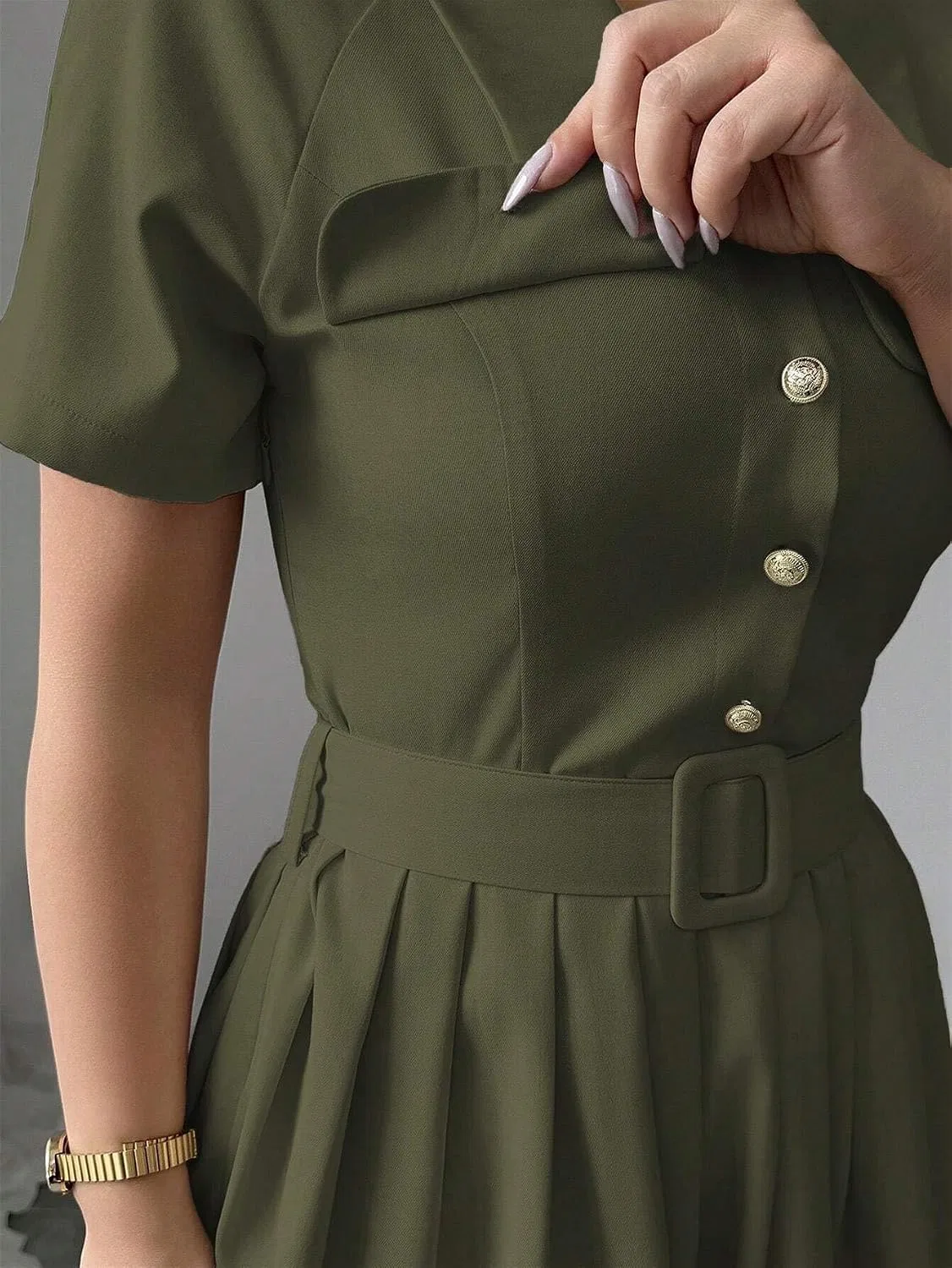 Женское повседневное платье А-силуэта с поясом TOOSIS, Army Green — фото 4