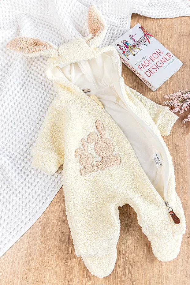 Детский комбинезон для малышей с капюшоном Rabbit Embroidered Hooded Welsoft Plush Winter Babymod, Cream — фото 2