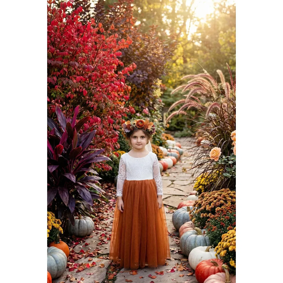 Детское платье-макси для девочек с длинным рукавом Rose Lace Tulle 2bunnies, Orange — фото 3