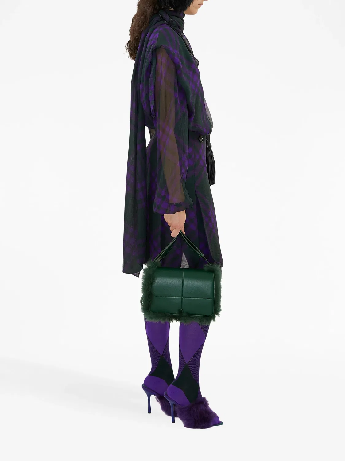 Клетчатая шелковая блузка с платком Burberry, фиолетовый — фото 3