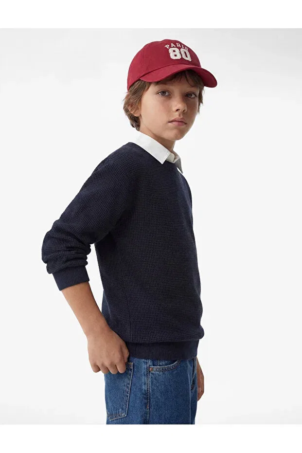 Детские свитшот для мальчиков с длинным рукавом Textured Long Sleeve Polo Collar Sweatshirt Koton, Navy Blue — фото 2