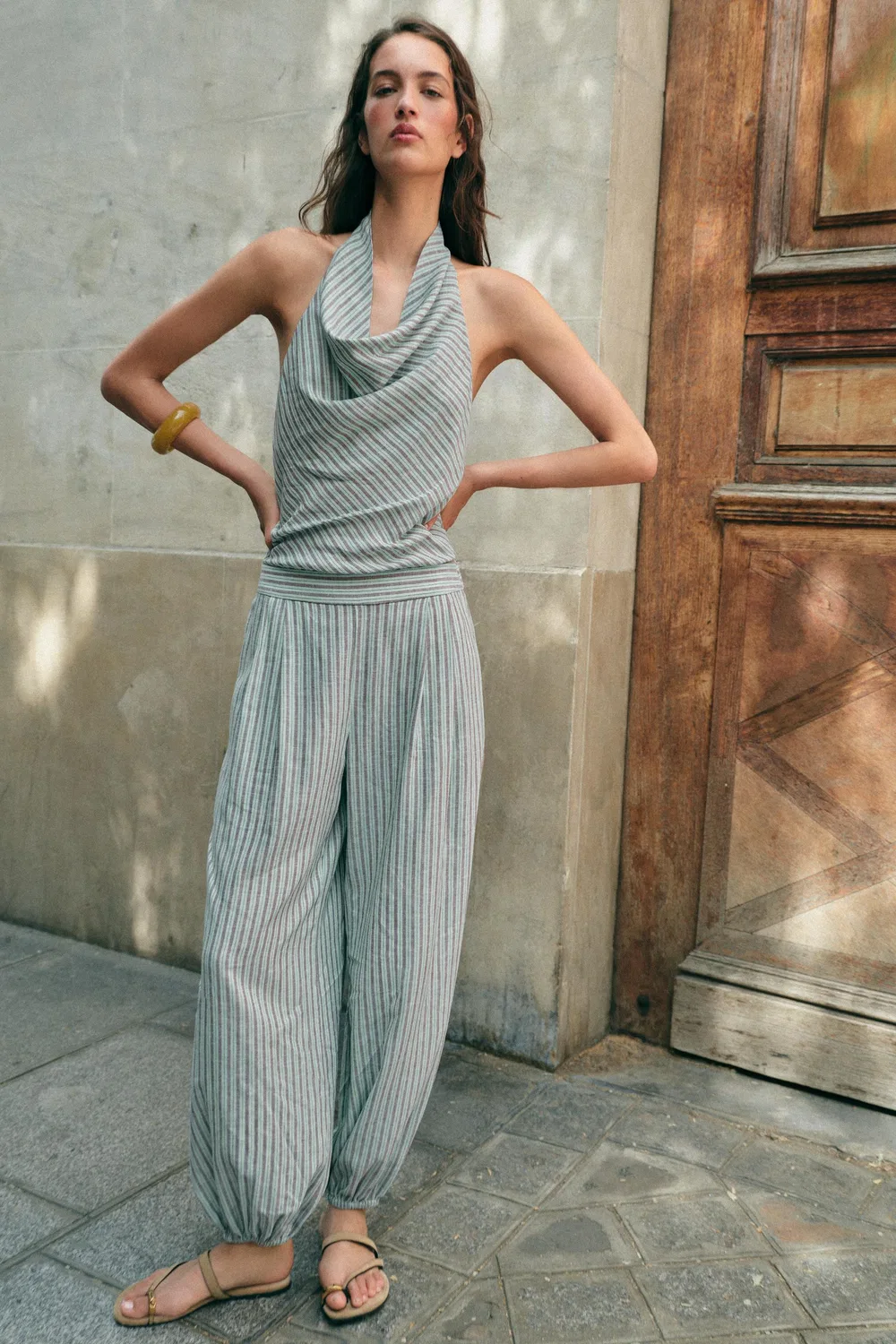 Комбинезон-саруэль в полоску из льняной смеси ZARA, Brown-Blue