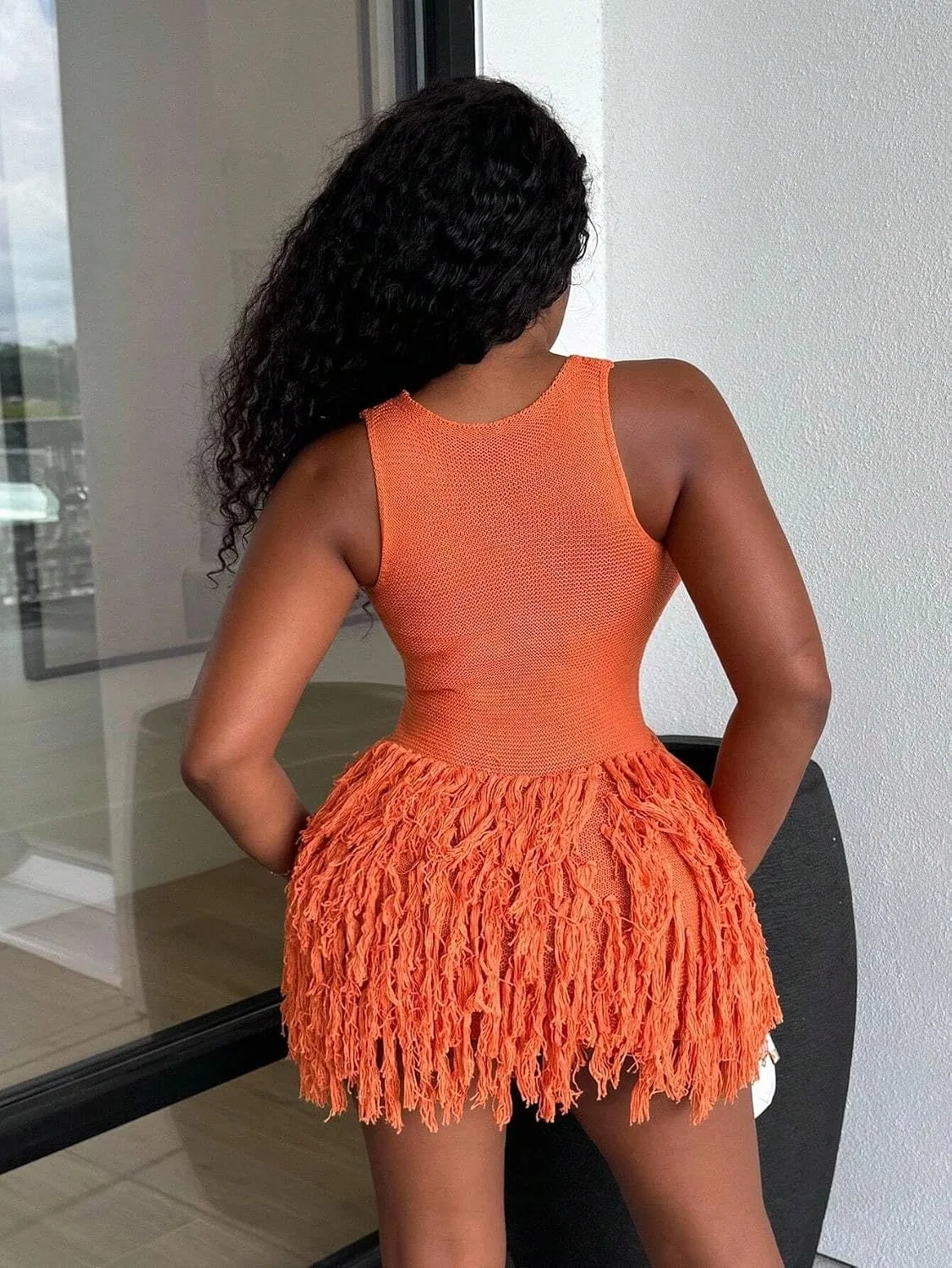 Женское мини-платье с бахромой Knit Dress, Orange — фото 3