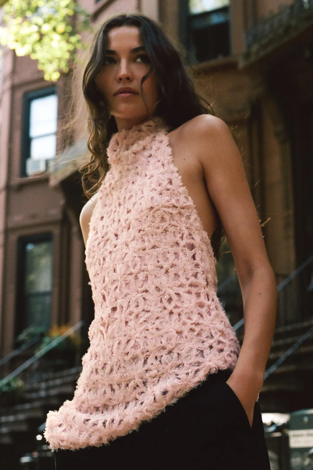 Асимметричный топ с завязками на шее ZARA, White/Pink — фото 3