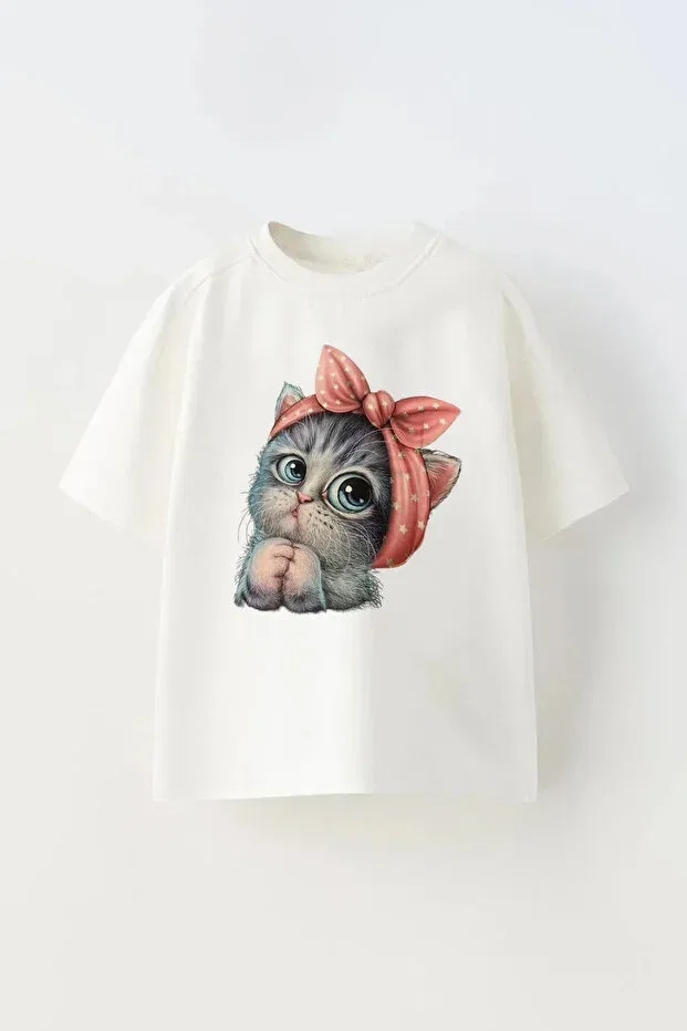 Детская футболка для девочек с принтом Oversize Cat Printed C.C.L. Coccolin Kids Baby Clup, White