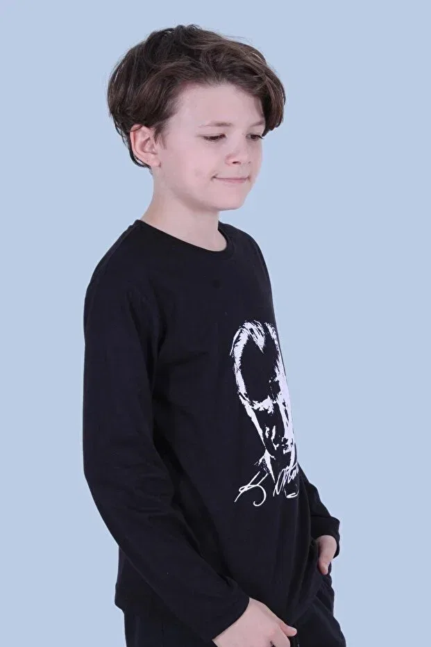 Детские свитшот для девочек с принтом Differently printed ataturk patterned long sleeve unisex sweatshirt Fyk Collection, Black