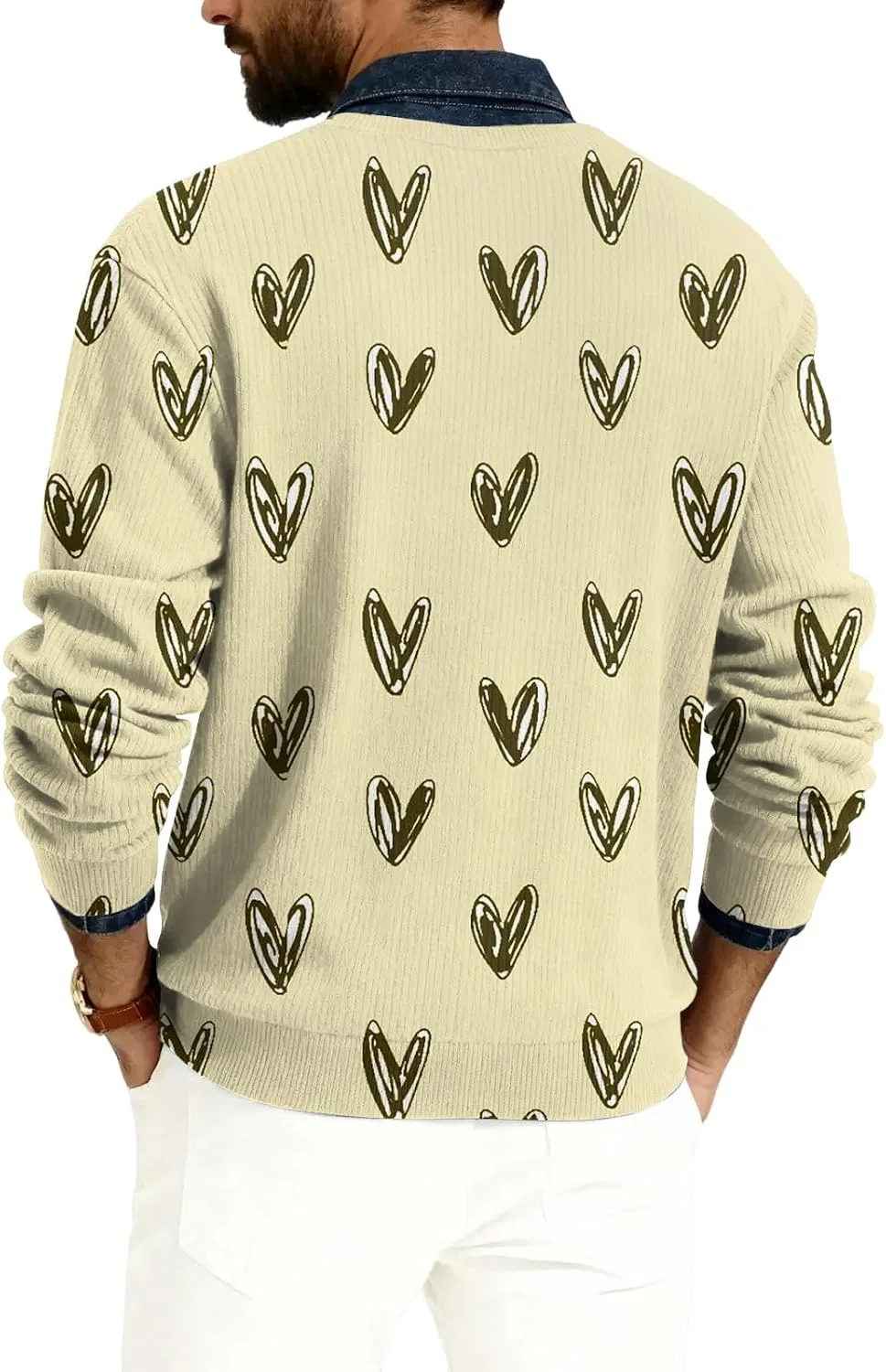 Мужской V-образный свитер с сердечками, Casual Long Sleeve Lightweight Knitwear — фото 2