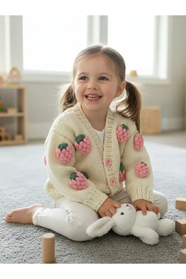 Детский кардиган для девочек с длинным рукавом Hand knitted strawberry detailed girl's cardigan Nevalin, Ecru