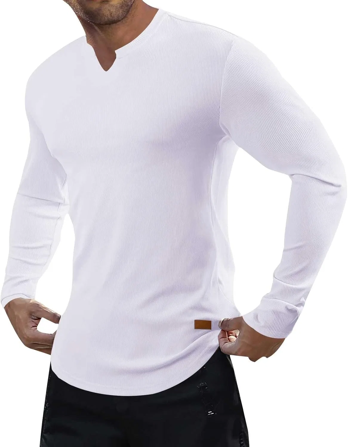 Мужская облегающая футболка с длинным рукавом Henley, White