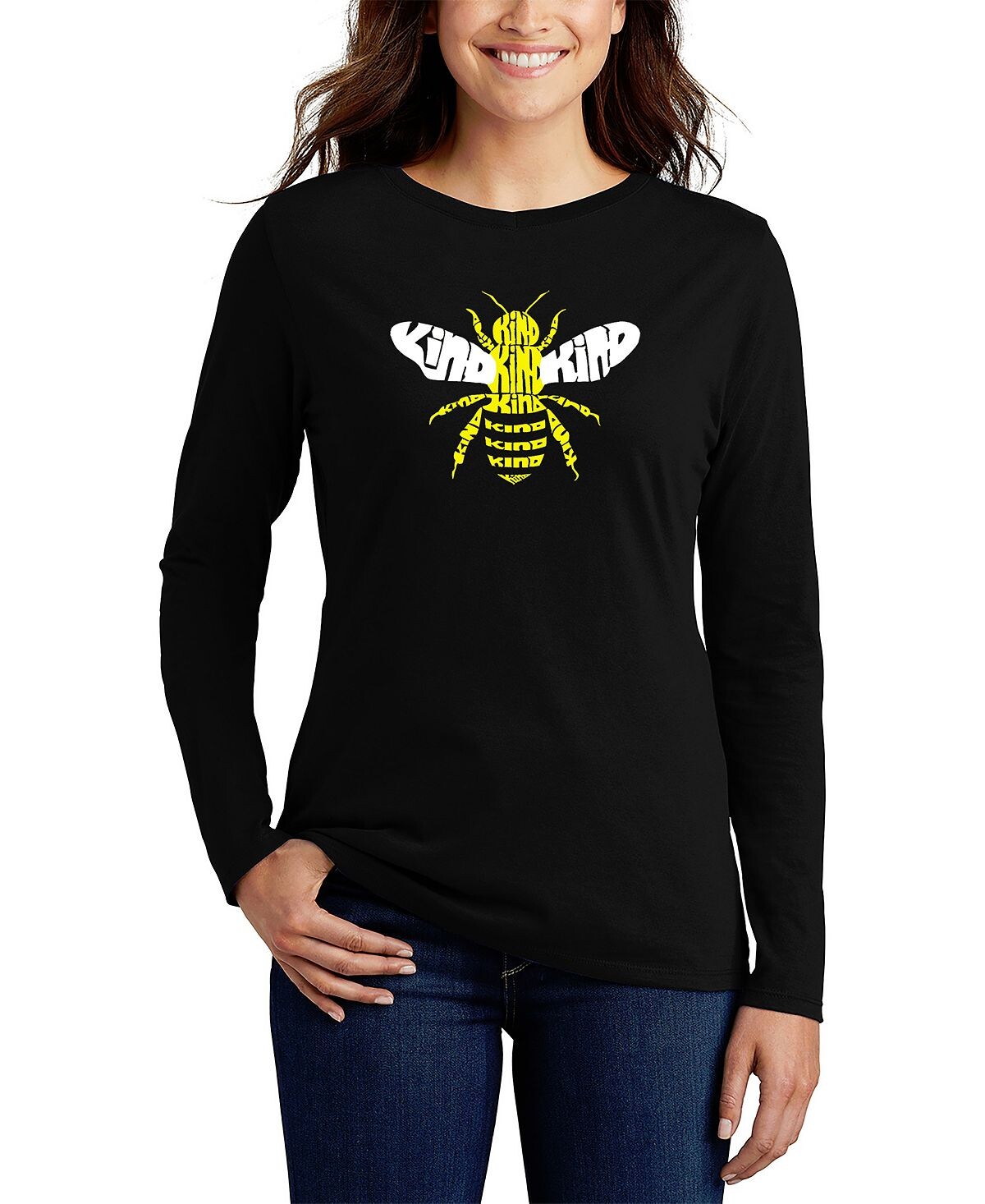 

Женская футболка с длинным рукавом bee kind word art LA Pop Art, черный
