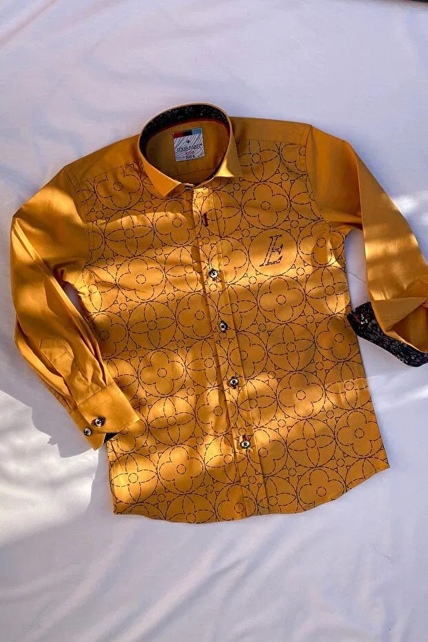 Детская рубашка для мальчиков с принтом Big Flower Printed Mustard Louis Kids, Hardal — фото 2