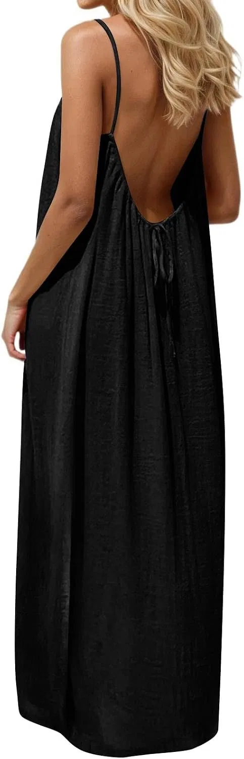 Женское макси-платье на тонких бретелях A-силуэта с открытой спиной, Black — фото 2