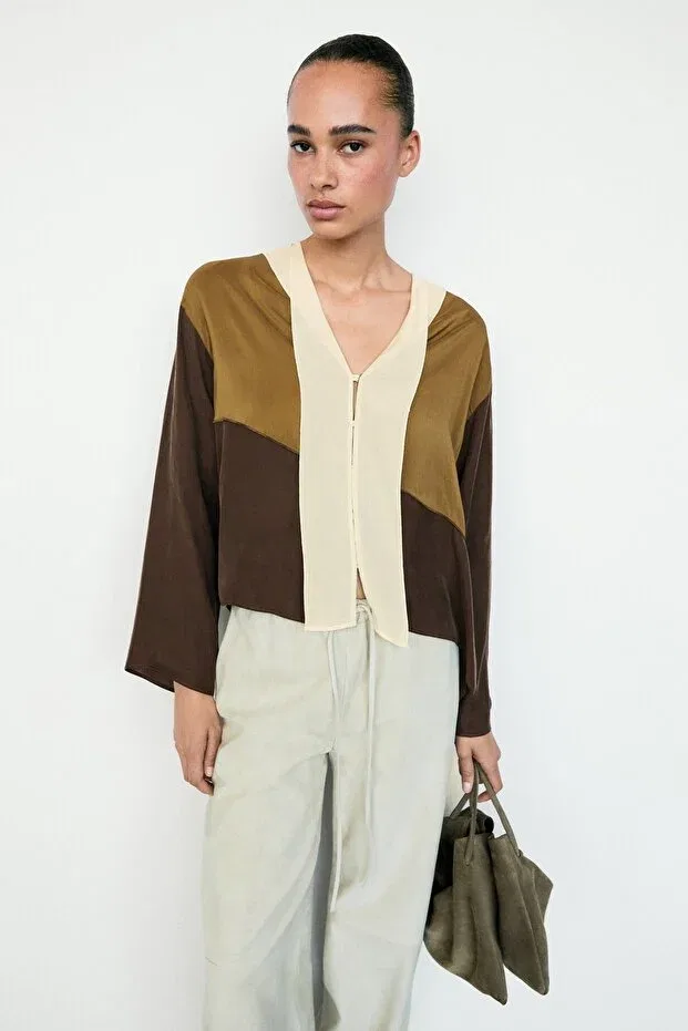 Женская рубашка с длинным рукавом Massimo Dutti, Chocolate Brown — фото 3