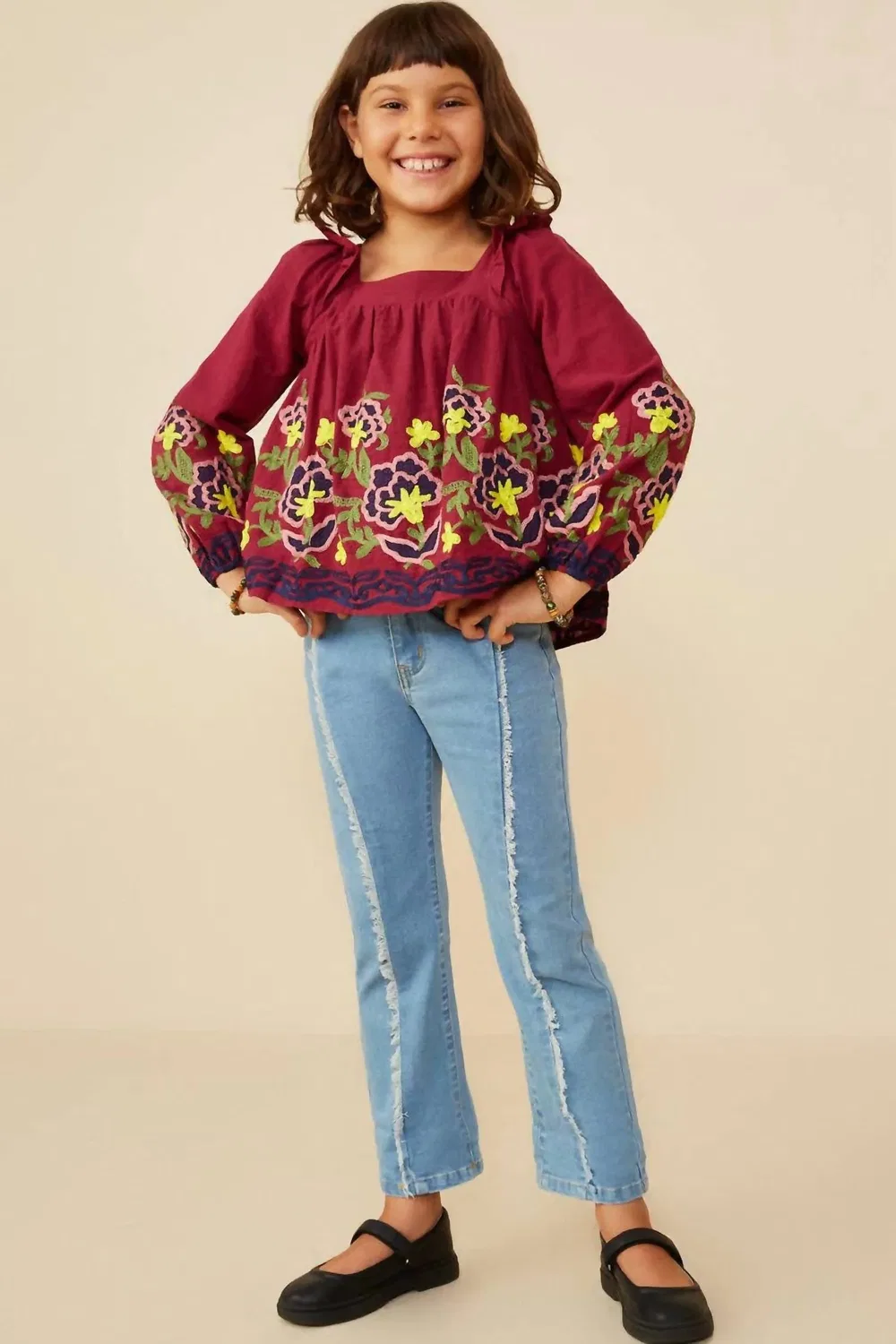 Детская блузка для девочек с цветочной вышивкой и оборками Floral Embroidered Ruffled Top Hayden Girls, Berry — фото 3