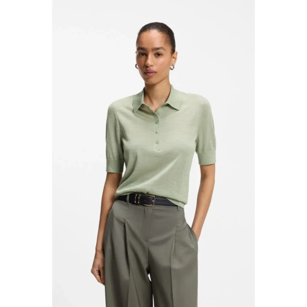 Женское вязаное поло из мериносовой шерсти BOSS, Light Green — фото 3