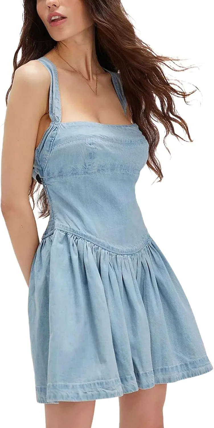 Женское джинсовое платье на тонких бретелях с кружевной шнуровкой A-line, Light Blue