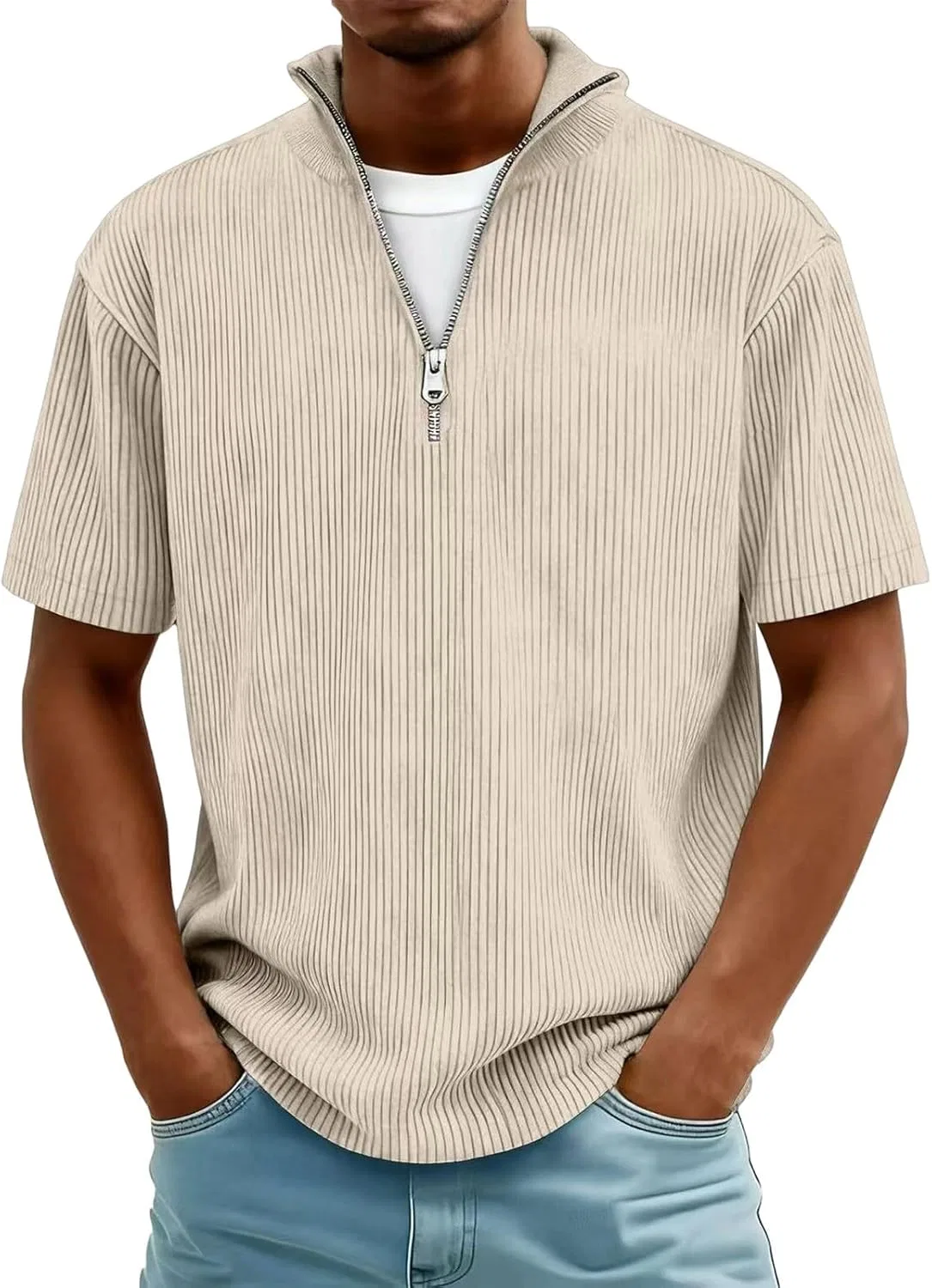 Мужская рубашка оверсайз с воротником и четверть-застежкой Corduroy, Khaki