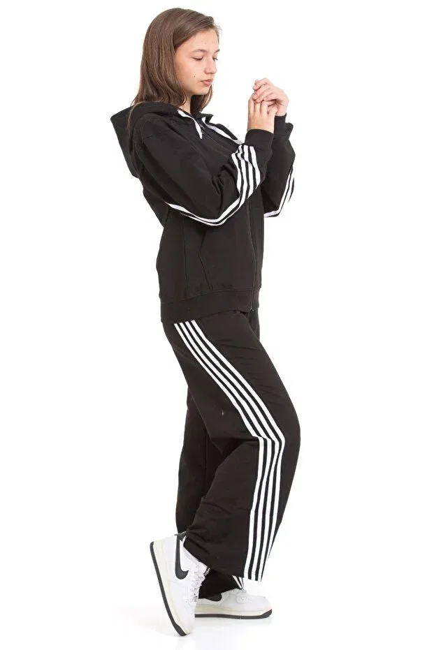 Детский спортивный костюм для девочек с принтом Striped Dri Fit Hooded 2-Piece Tracksuit Set Minigimin Cicileri, Black — фото 3
