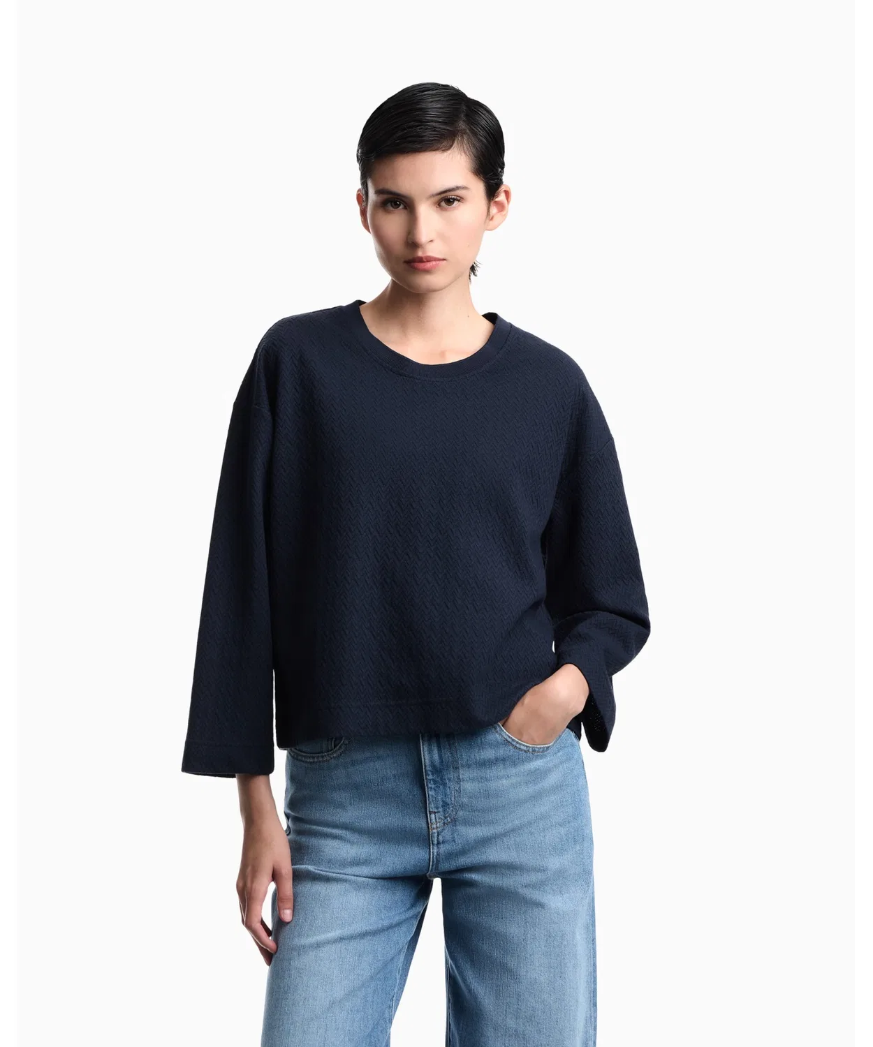 Женский свитер с принтом Chevron, модель Regular Crewneck EMPORIO ARMANI, Navy