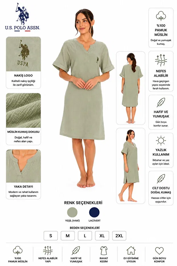 Женская летняя ночная рубашка с V-образным вырезом из хлопка, удобная и эластичная, из муслиновой ткани U.S. Polo Assn.