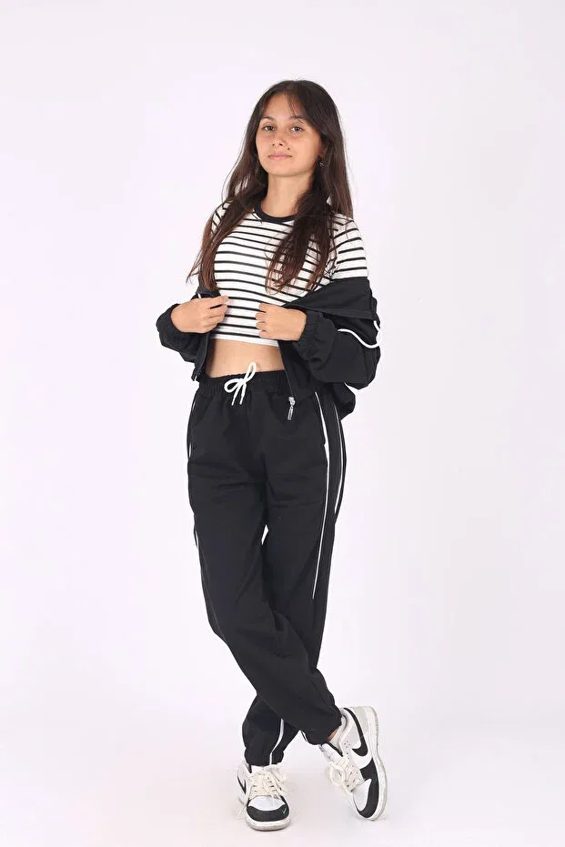 Детский комплект спортивного костюма для девочек 2-Piece zippered hooded crop jacket and ribbed bottom girls' tracksuit set Armicem, Black — фото 3