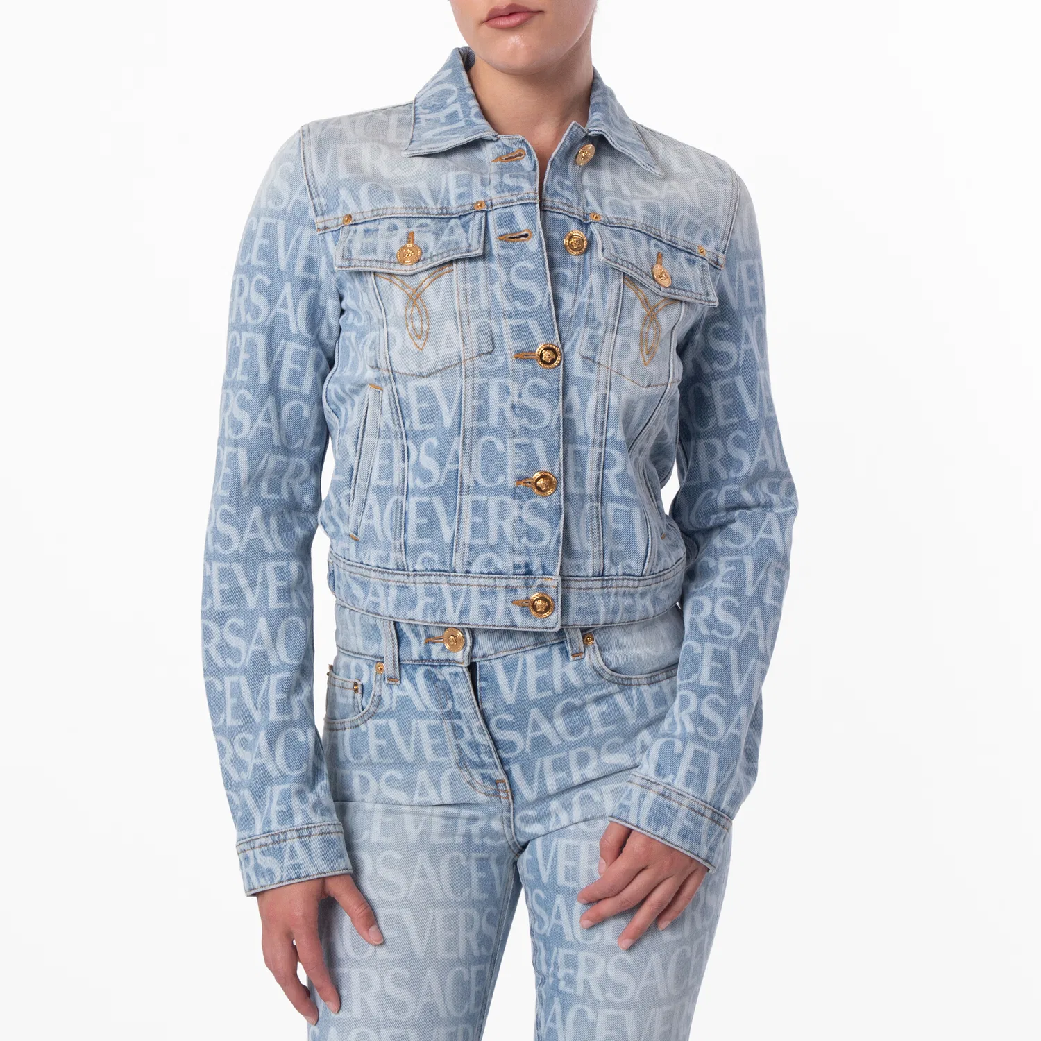 Жакет джинсовый укороченный с длинным рукавом Denim Long-Sleeve Cropped Jacket Versace, Light Blue