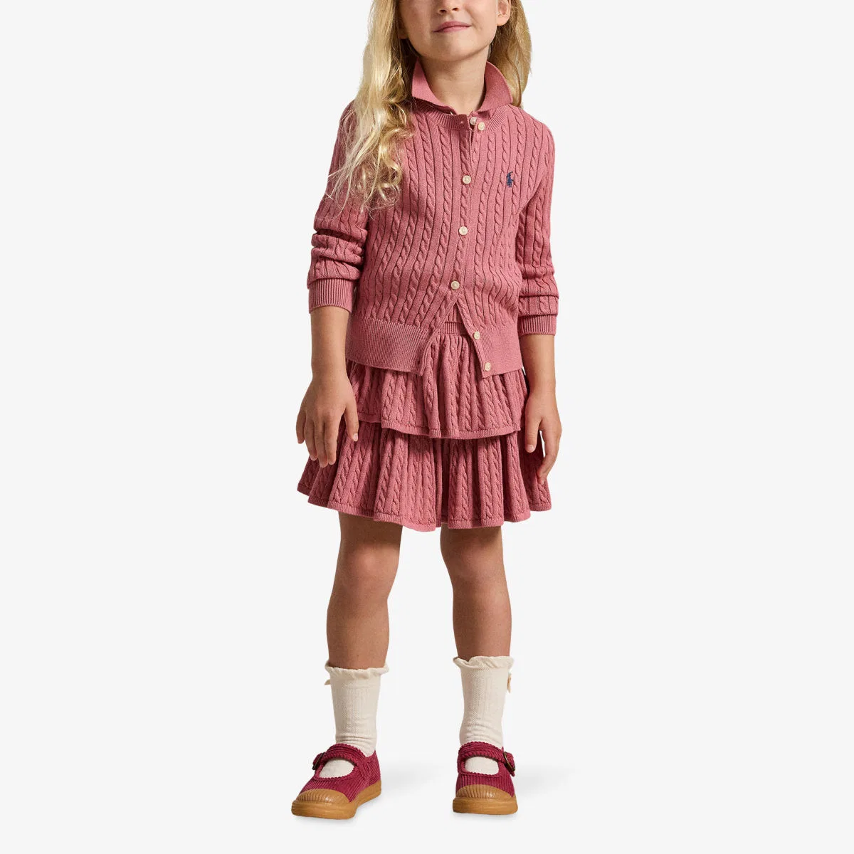 Детский кардиган-поло с пони, мини-кардиган из хлопка крупной вязки Polo Ralph Lauren, розовый — фото 2