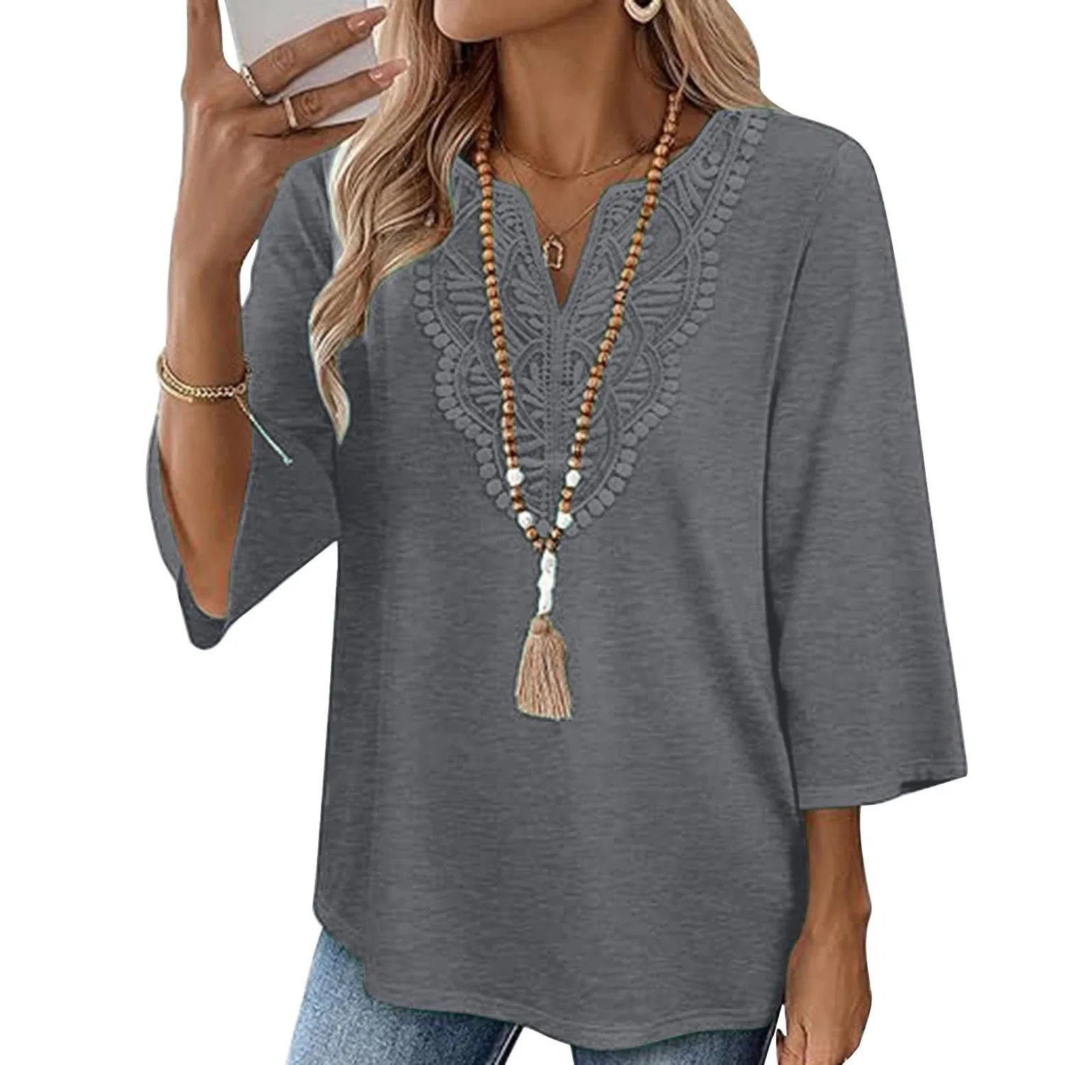 Женская льняная туника с вышивкой Retro 3/4 Sleeve Boho Casual Loose Fit Lightweight Summer Beach Blouse, C-grey
