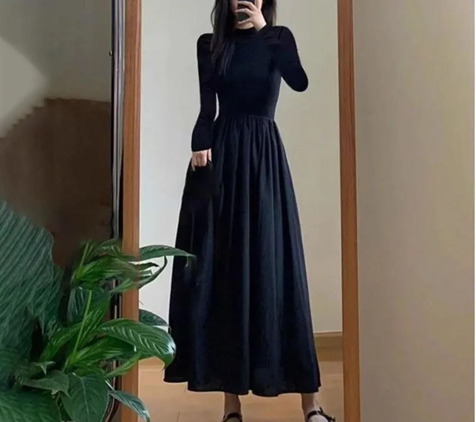 Женское платье с полувысоким воротником, длинным рукавом, приталенное, Black — фото 2