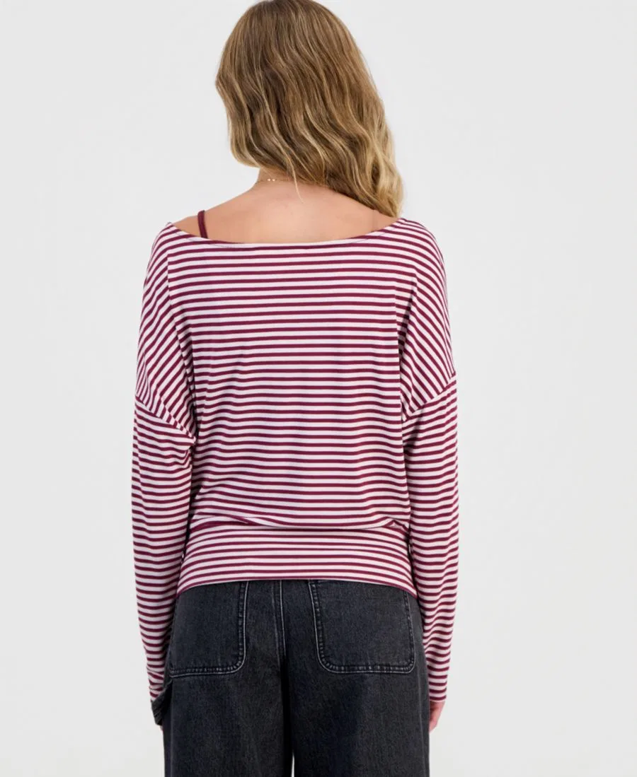 Топ с длинным рукавом-долман и широким вырезом-лодочкой Hippie Rose, Wine/Pink Stripe — фото 2